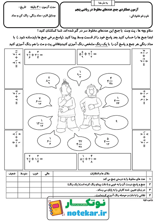 آزمون عملکردی فصل 2 ریاضی پنجم کسر