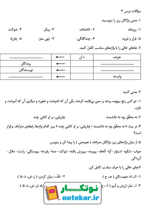 سوالات امتحانی درس چهارم فارسی ششم داستان من و شما